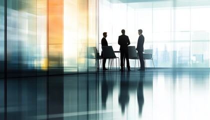 Obraz premium Three men are standing in a conference room, talking to each other. Business background. The atmosphere seems to be professional