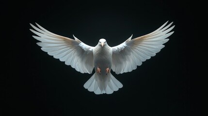 A stunning white dove spreads its wings against a dark background, symbolizing peace and freedom.