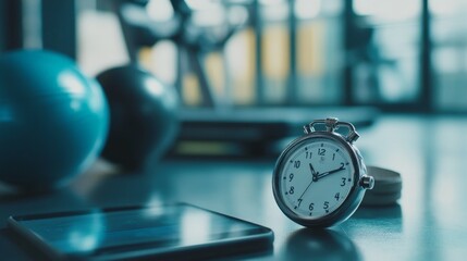 A close-up of a stopwatch and fitness app tracking progress during a workout, emphasizing the role of technology in achieving physical health goals
