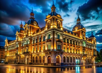 Fototapeta premium Stunning Low Light Photography of an Elegant Building at Night, Showcasing Architectural Beauty with Soft Lighting and Shadows, Ideal for Urban and Nightlife Themes