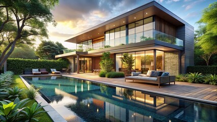 Fototapeta premium Stunning Modern Villa Surrounded by Lush Greenery Featuring a Luxurious Swimming Pool and Contemporary Design Elements, Ideal for Urban Exploration Photography and Real Estate Showcases