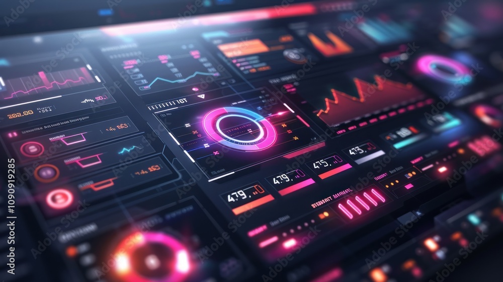 Aufkleber a futuristic dashboard with charts, graphs, and data visualizations in neon colors.