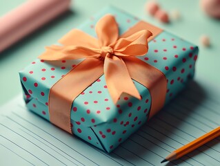 Colorful Gift Box With Ribbon on Lined Paper Background