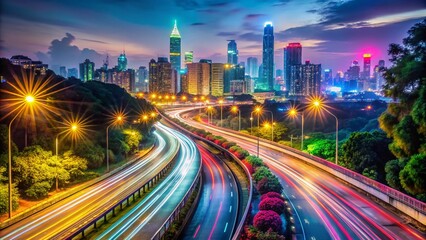 Fototapeta premium Stunning Night View of Malaysia Highway with Vibrant Bokeh Effect Capturing the Beauty of Urban Life and Traffic Flow in a Lively Cityscape