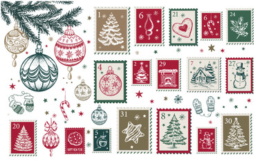 Christmas Stamps, mail, Advent calendar with tree, ball, postcard on white hand drawn illustrations.	
