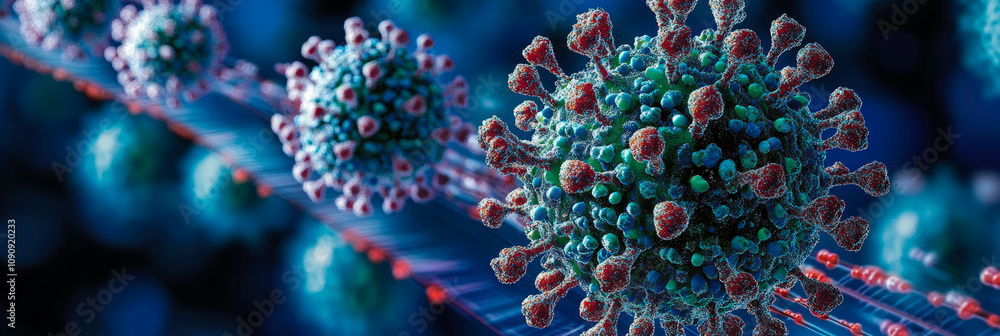 Poster researchers examine coronavirus particles captured under a microscope in a lab, highlighting their c