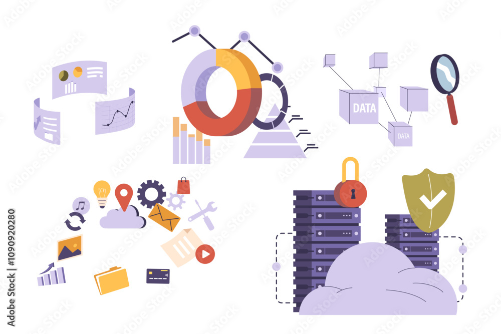 Aufkleber digital data base cloud storage and distribution of information technology isolated set on white