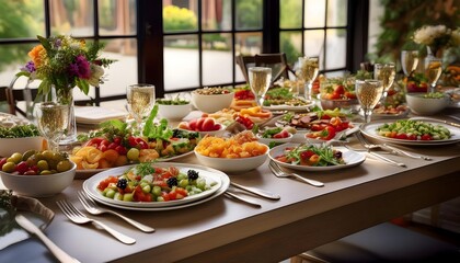 Well-decorated banquet table showcasing colorful and fresh culinary spreads