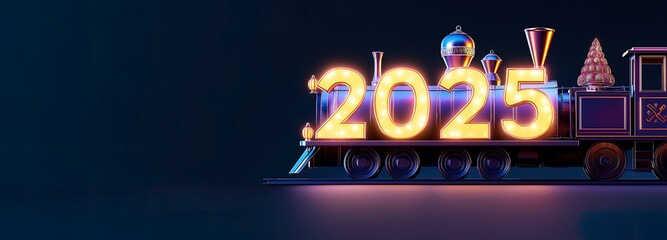 A vintage locomotive with festive decorations and shining golden numbers "2025" at night