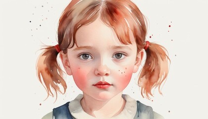 Whimsical portrait of a young girl, rosy cheeks, playful expression, watercolor style