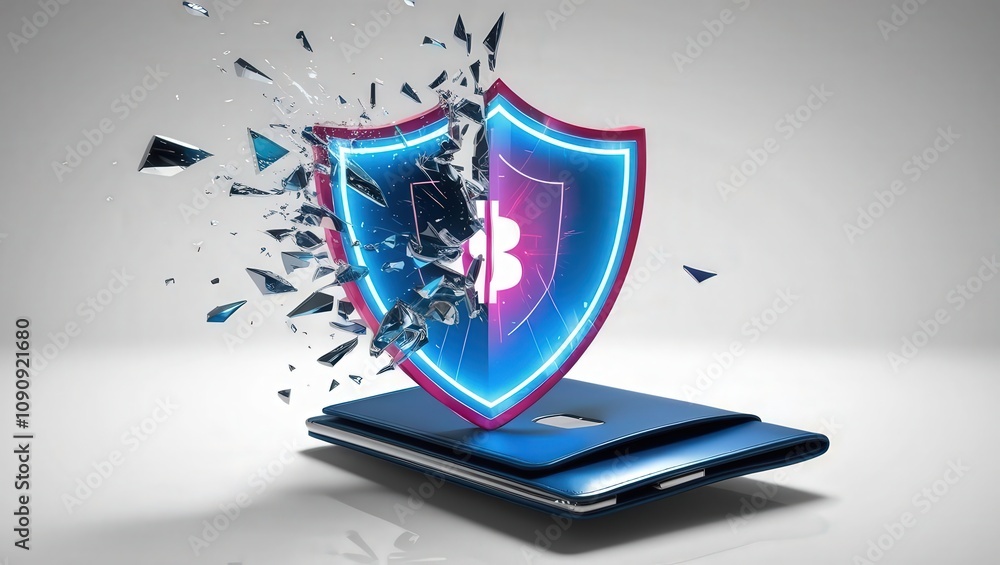 Poster a digital shield emerging from a laptop, symbolizing cybersecurity and protection, with a dynamic ex