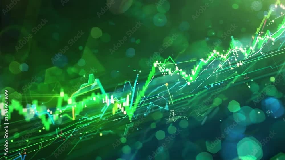 Poster abstract green financial data visualization analyzing upward trends and growth through vibrant graph