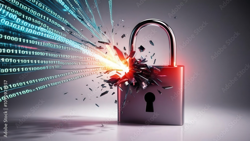 Poster a digital lock shatters, releasing streams of data, symbolizing cybersecurity threats and the vulner