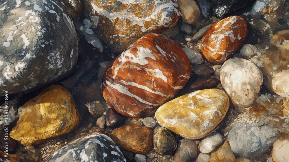 Poster a close-up of pebbles on a beach, each stone unique in color and texture