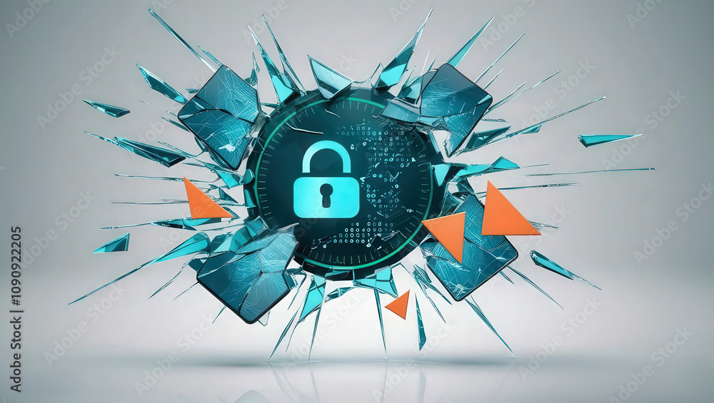 Poster a digital lock symbol breaking through a shattered surface, representing cybersecurity and data prot
