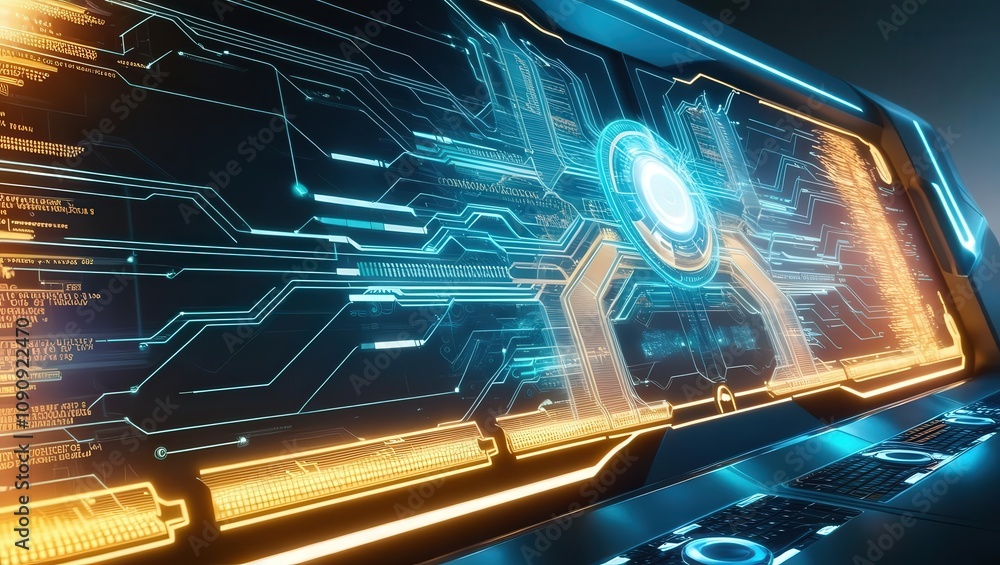 Poster a futuristic interface featuring glowing circuits and a central orb, showcasing advanced technology 