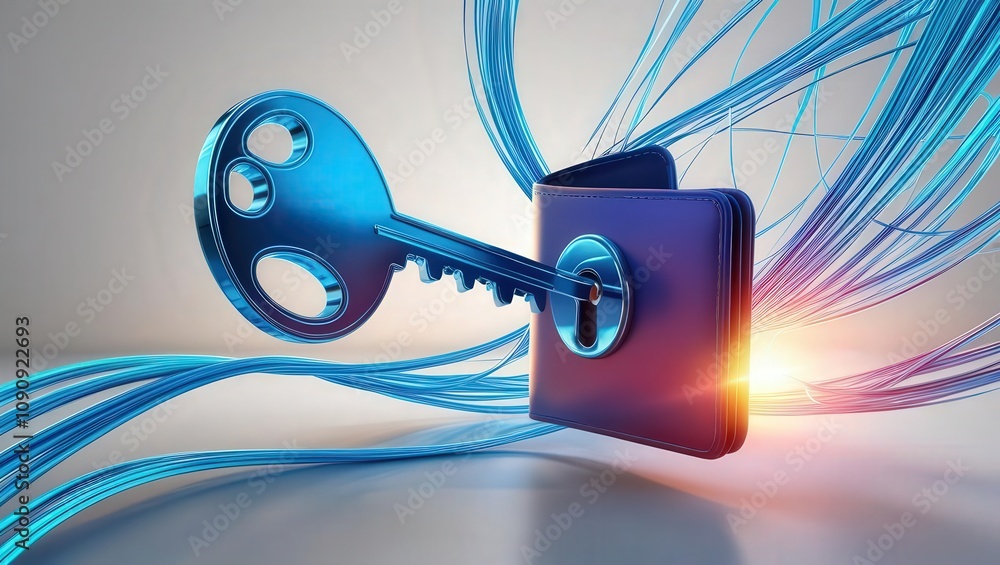 Poster a digital illustration of a blue key unlocking a folder, symbolizing data security and access in a m