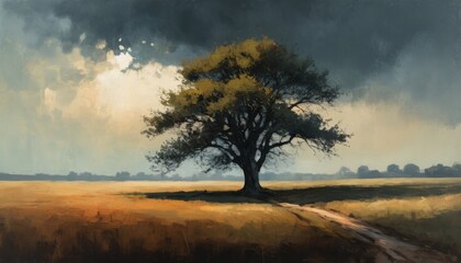 Fototapeta premium Impressionistic landscape featuring a solitary tree on grassy field under dramatic cloudy sky