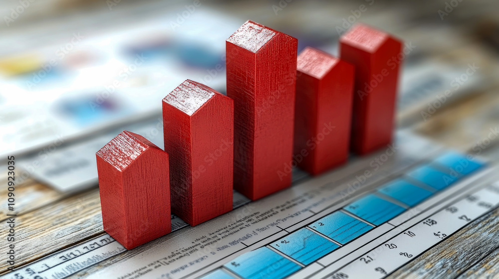 Poster red wooden bars symbolize increasing financial performance placed on a printed report showcasing cha