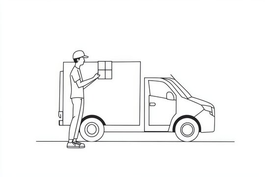 recommend clip art: Line art modern illustration of a delivery person holding a parcel in continuous line