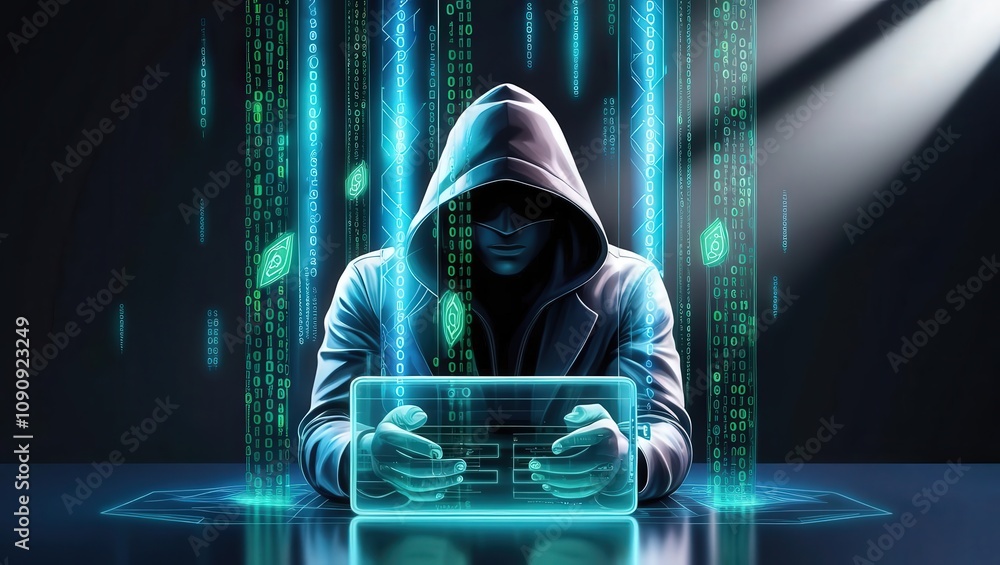 Poster a mysterious figure in a hooded sweatshirt interacts with a futuristic holographic interface, surrou