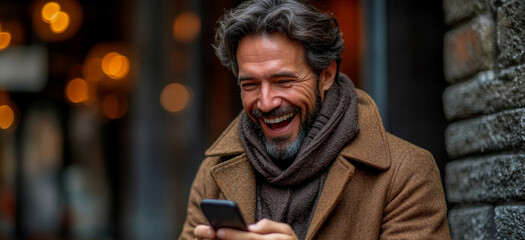 Fototapeta premium A man with curly hair laughs while scrolling on his smartphone outside, surrounded by warm lights from nearby shops in the city