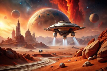 Stunning Visual of a Rocket Ship Landing on Mars, Showcasing a Futuristic Starship Amidst the Red Planet's Landscape and Dusty Terrain in a Daring Urban Exploration Scene