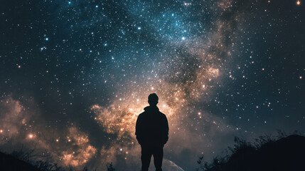 Obraz premium Silhouette of a person gazing at the vast, star-filled night sky, capturing the awe and wonder of the universe with its brilliant galaxies and cosmic mysteries.
