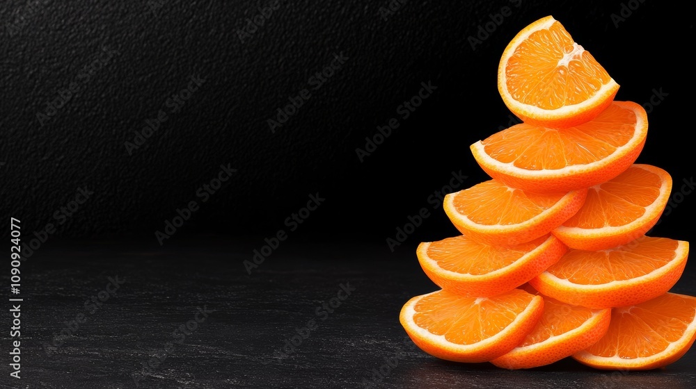 Poster a stack of oranges on a black background. the oranges are cut in half and arranged in a pyramid shap