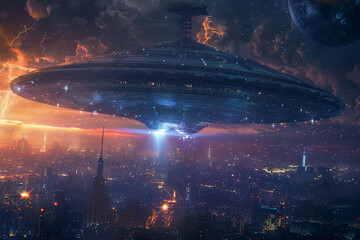 Obraz premium Iron oval UFO saucer hovering over beautiful landscape in dramatic sky