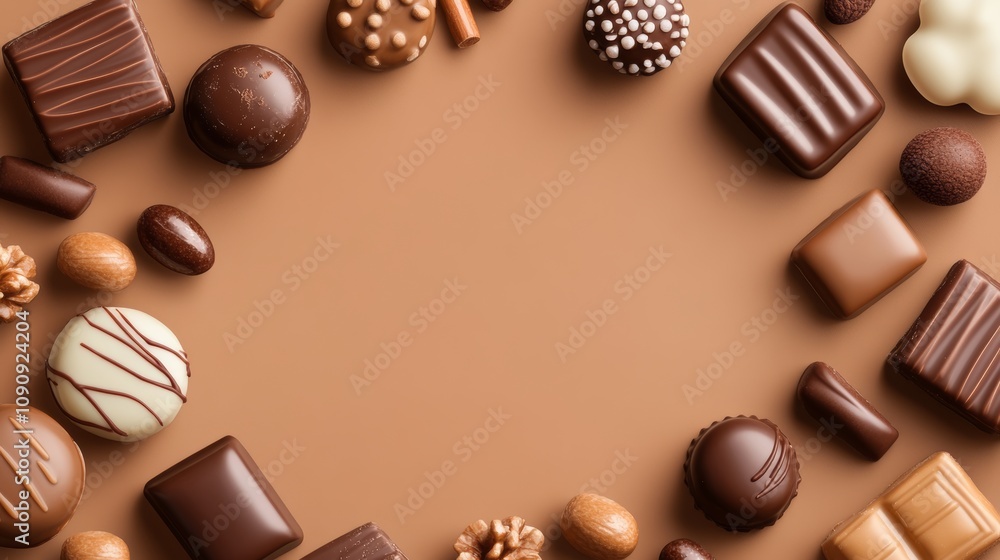 Poster a chocolate display with a variety of shapes and sizes. concept of indulgence and luxury, as the dif