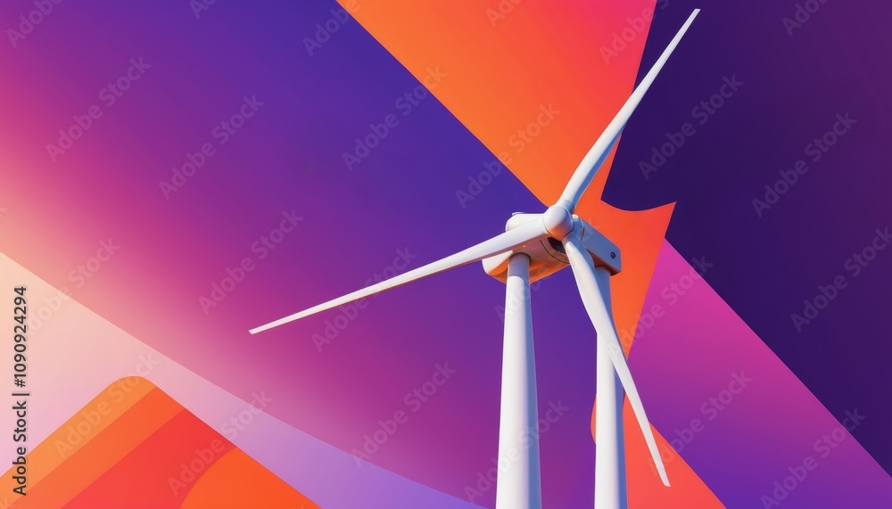 Poster artistic view of wind turbine against vibrant abstract background with colorful shapes in modern des
