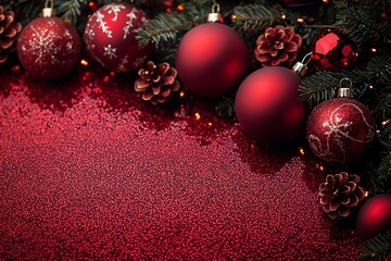 Christmas background with sequins in red shades with christmas ornaments