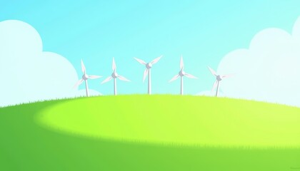 Obraz premium Five wind turbines on green hill under blue sky with fluffy clouds in bright and cheerful style