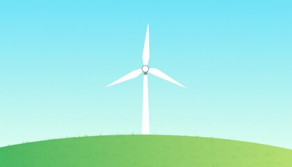 Fototapeta premium Simple landscape with a single wind turbine on a green hill under blue sky