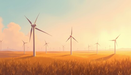 Obraz premium Golden field landscape with wind turbines under soft sunrise light