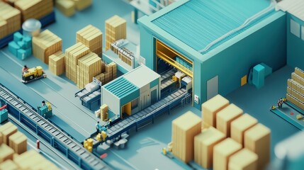 A miniature industrial scene depicting a warehouse with goods and conveyor systems.