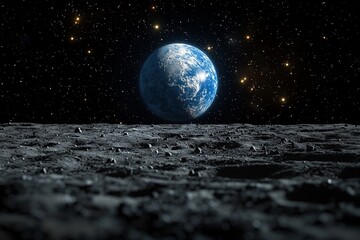 Earths distant view from the rocky surface of the moon in space