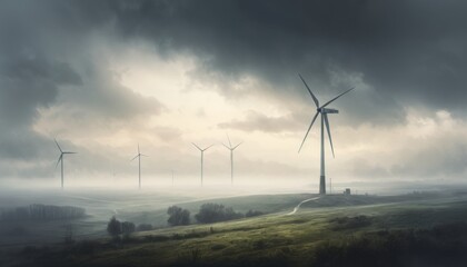 Obraz premium Misty landscape with wind turbines in dramatic atmosphere and cloudy sky at dawn