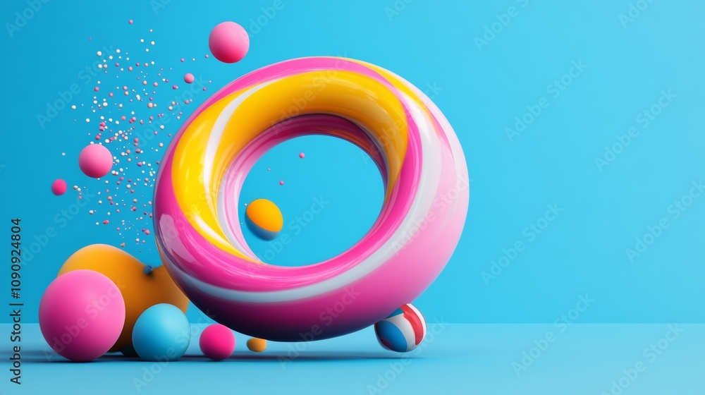 Poster a colorful, abstract, and dynamic scene with a large pink and yellow circle in the middle. the circl