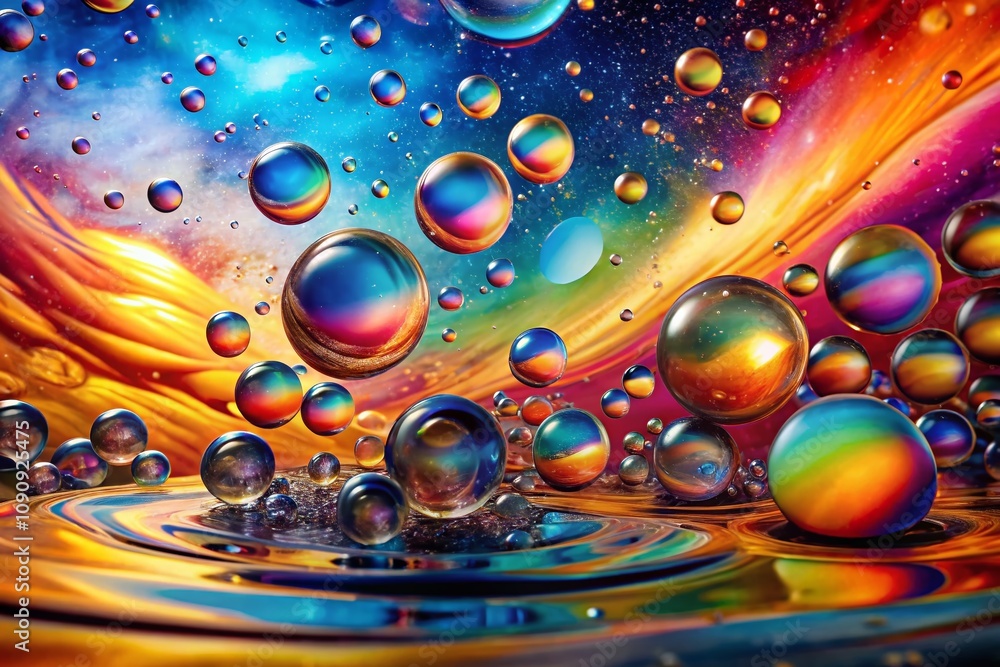 Poster surreal abstract colorful background of oil drops on water surface with double exposure and mixed la