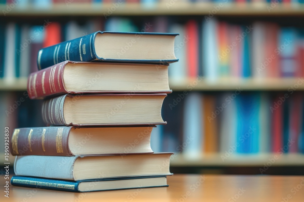Poster stack of books on a wooden table with bookshelves in the background