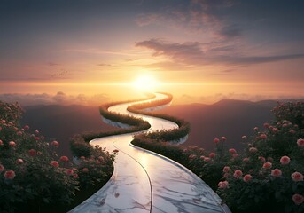  Abstract journey through life with a winding path featuring blooming flowers, forks in the road, and glowing horizons symbolizing choices and growth.
