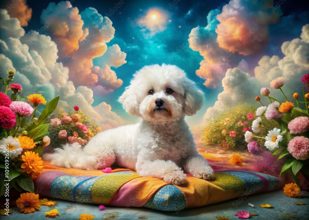 Poster surreal bichon frise relaxing on a colorful carpet in dreamlike atmosphere with whimsical elements s
