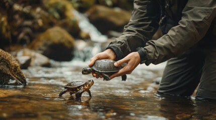 A conservationist releasing a rehabilitated animal back into the wild, symbolizing the success of wildlife conservation efforts