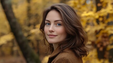 Naklejka premium Woman with flowing hair enjoys a serene moment among golden autumn leaves in a tranquil forest setting. Generative AI