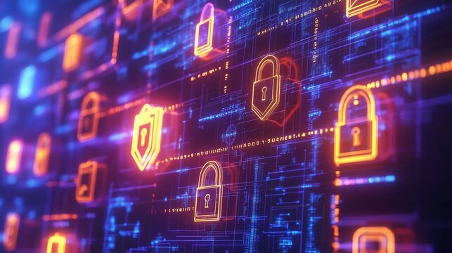 Cybersecurity in Energy, Shield icons and padlocks integrated into a glowing grid network, background for energy system protection campaigns or smart grid cybersecurity services, 16:9