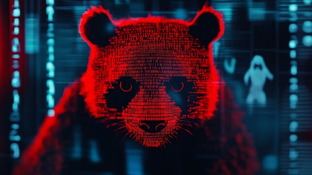 Digital representation of a panda in a futuristic environment with glowing binary code, showcasing technology and wildlife connection at night. Generative AI