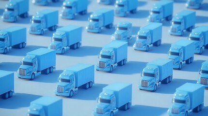 Large fleet of miniature blue trucks arranged in a grid pattern on a flat surface, showcasing a vibrant collection of transport models. Generative AI