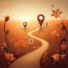  Abstract journey through life with a winding path featuring blooming flowers, forks in the road, and glowing horizons symbolizing choices and growth.
